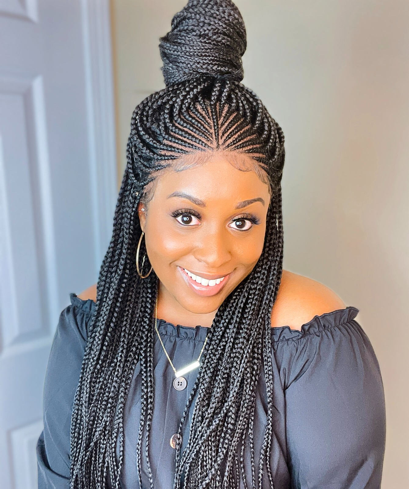 LUXLUXE Kristi Straight 30 In Long 4X4 Hand-Tied Lace Braided Wig, Natural Black