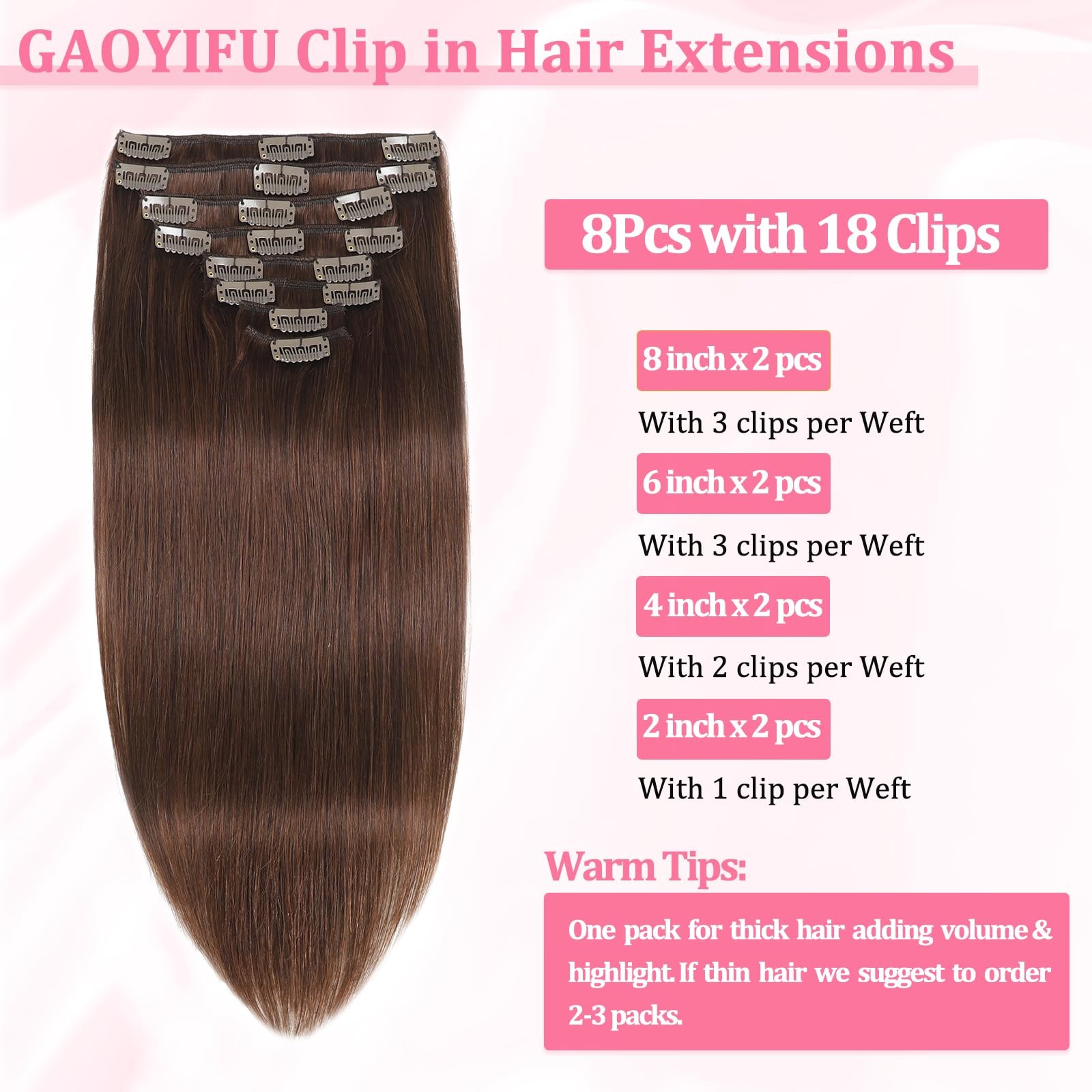 Clip in Hair Extensions Real Human Hair Seamless 8Pcs Double Weft Chocolate Brow