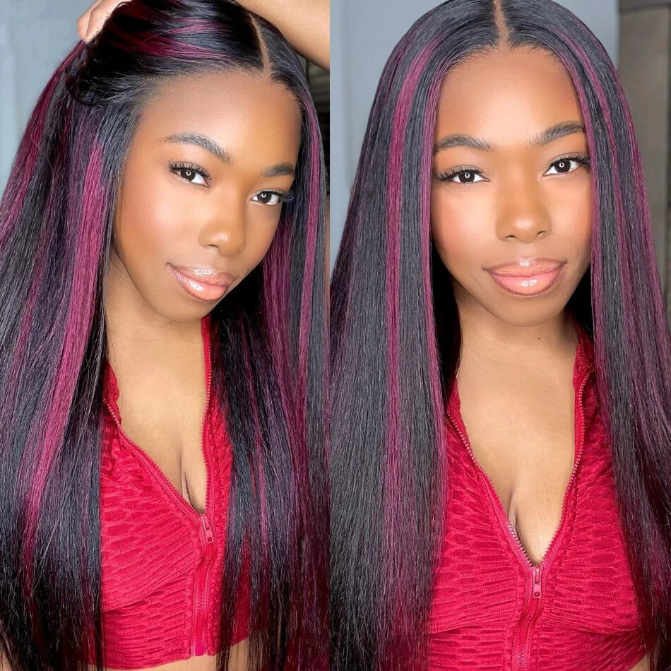 Black Wigs With Red Highlights Streak 100% Human Hair Lace Front Wigs 13×4