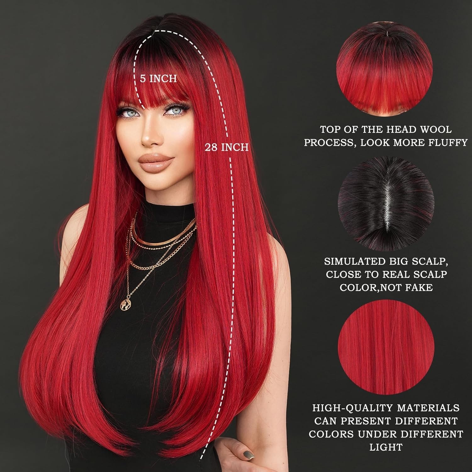 7JHH WIGS Long Straight Dark Red Wig with Bangs 28in Red Wig with Black Roots