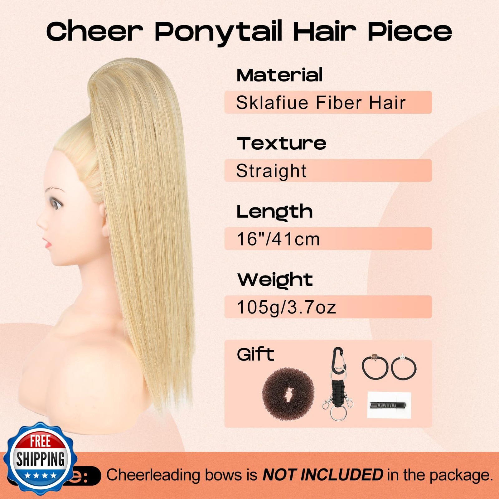 SEIKEA Cheer Ponytail Hair Piece, 16″ Champagne Blonde Straight Cheerleader H