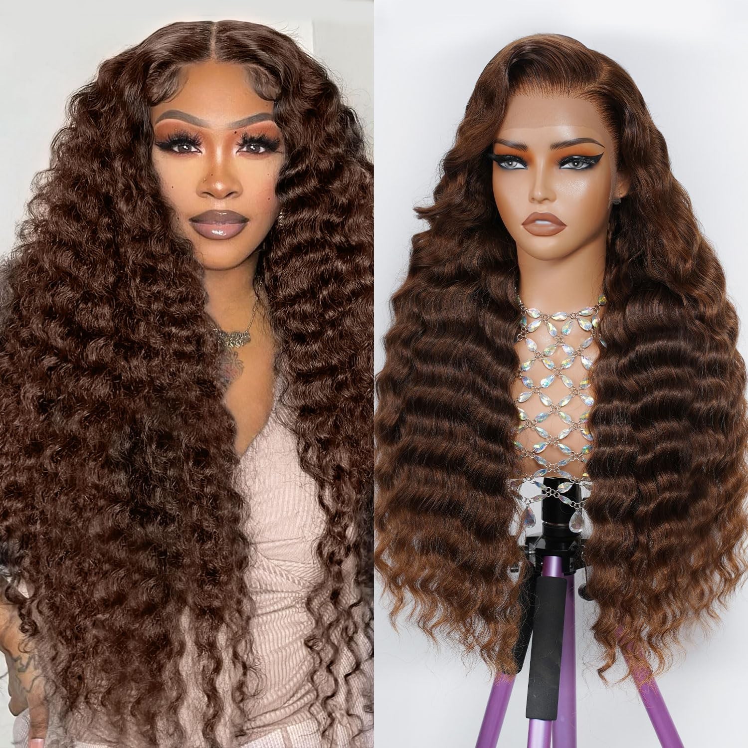 28″ Chocolate Brown Deep Wave Lace Front Wig, 200% Density, HD Lace, Curly, Pre-