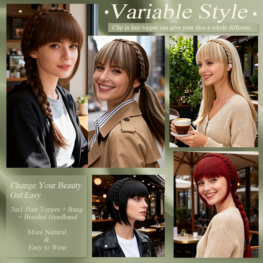 Braided Headband Topper Hairpiece Clip In Fringe Bang Hair Extension with Temple