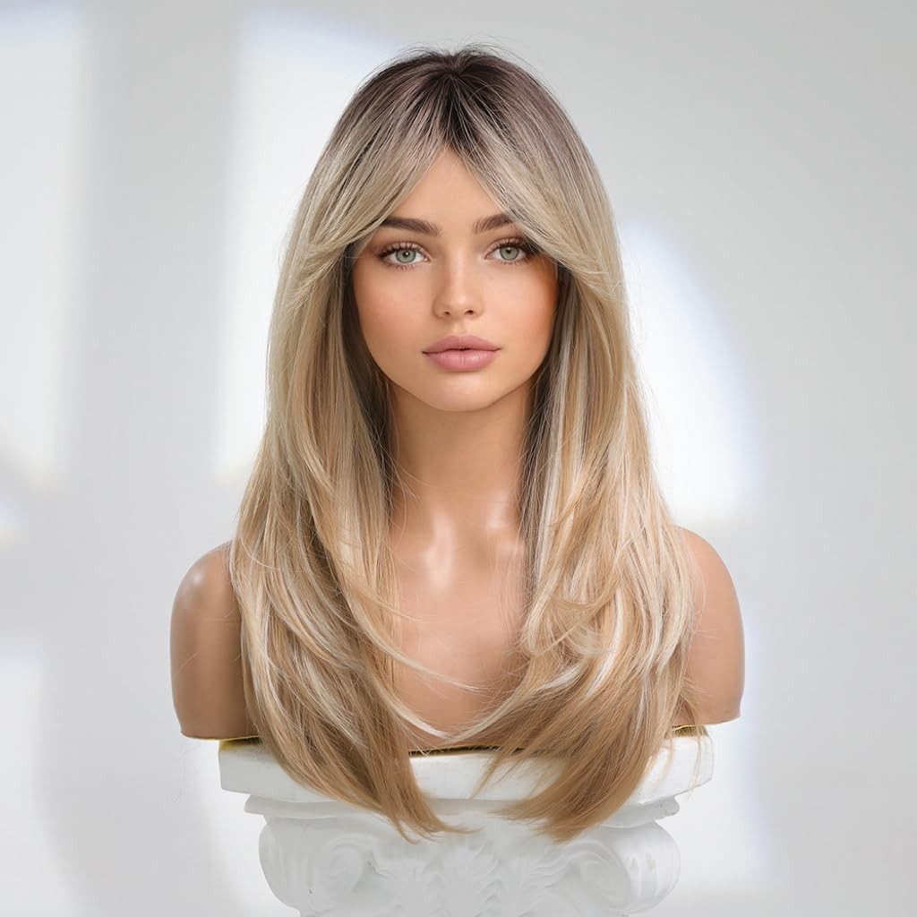 Women Long Blonde Ombre Wig with Deep Roots, Layered Synthetic Wig with Bangs…