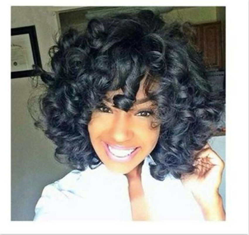 Afro Curly Kinky Wavy Wig with Bangs Black Glueless Afro Natural Wig Heat Safe
