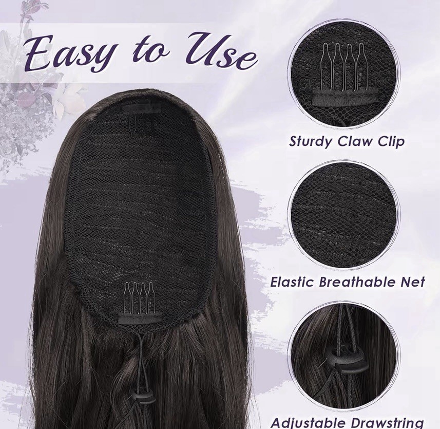 Drawstring Ponytail Extension Natural 20” Wavy Long Layered Black Brown