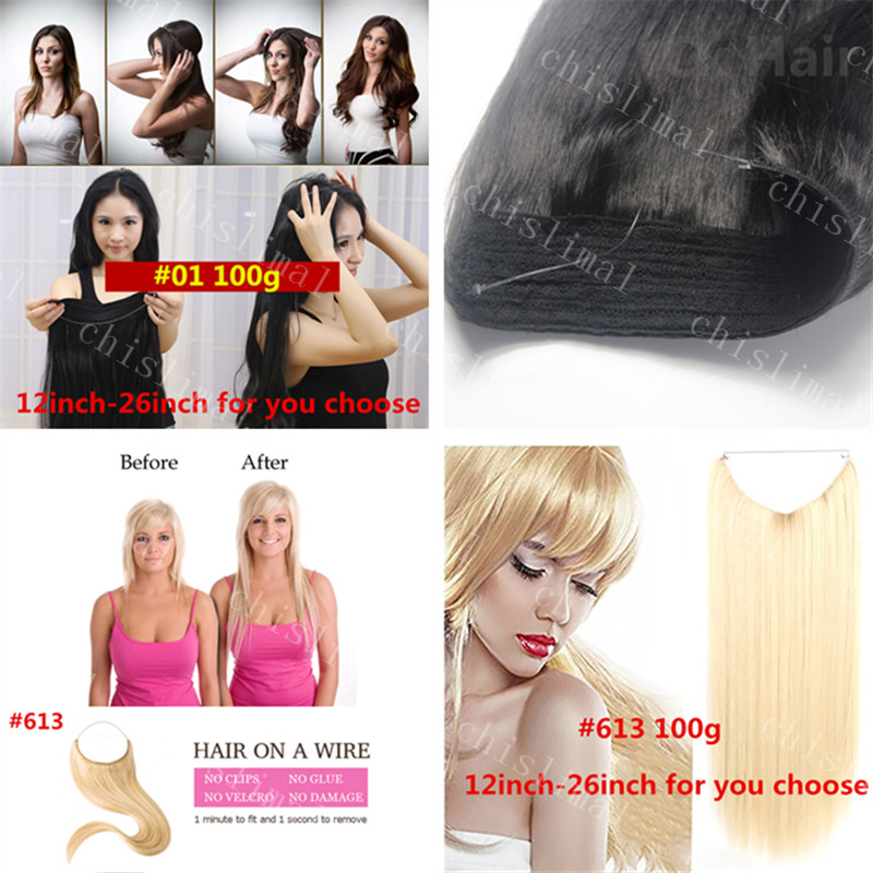 12-26inch 100G Handmade Human Hair Invisible Wire good Handband Hair Extensions