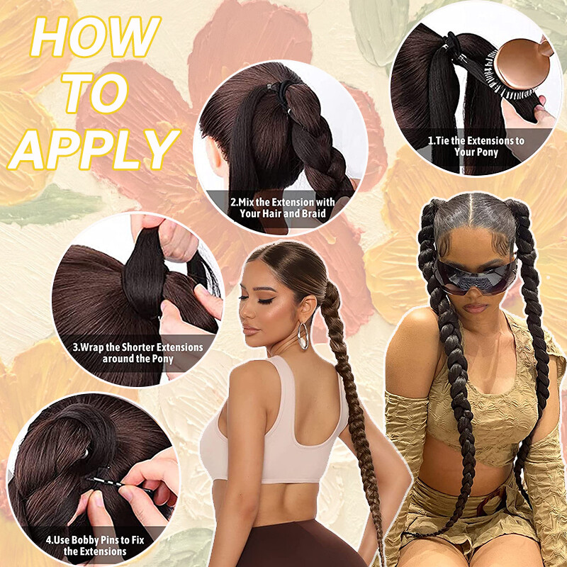 34″ Long Thick Braids Ponytail Box Braiding Pony Tail Wrap On Hair Extensions US