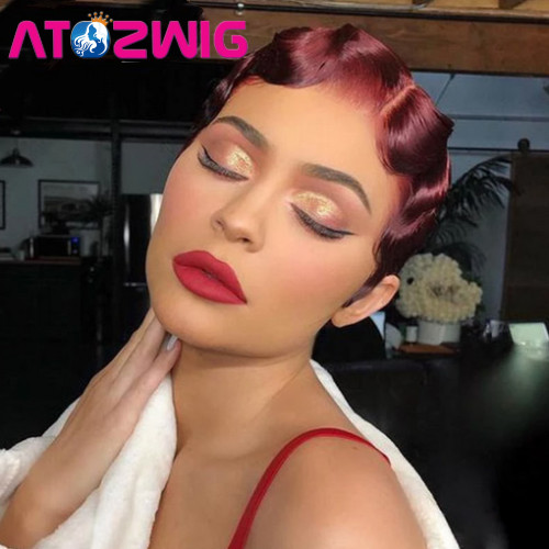 Pixie Cut Finger Wave Human Hair Wigs Lace T-Part Natural Looking Womans Wigs