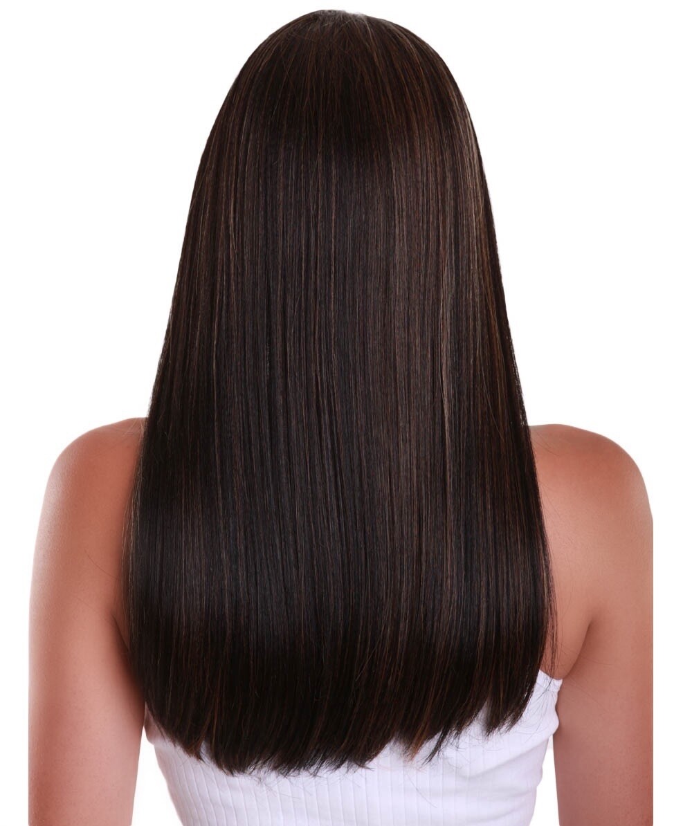 Ami Straight 17″ Long 4X4 Women’s Lace Front Wig, Black with Golden Highlights