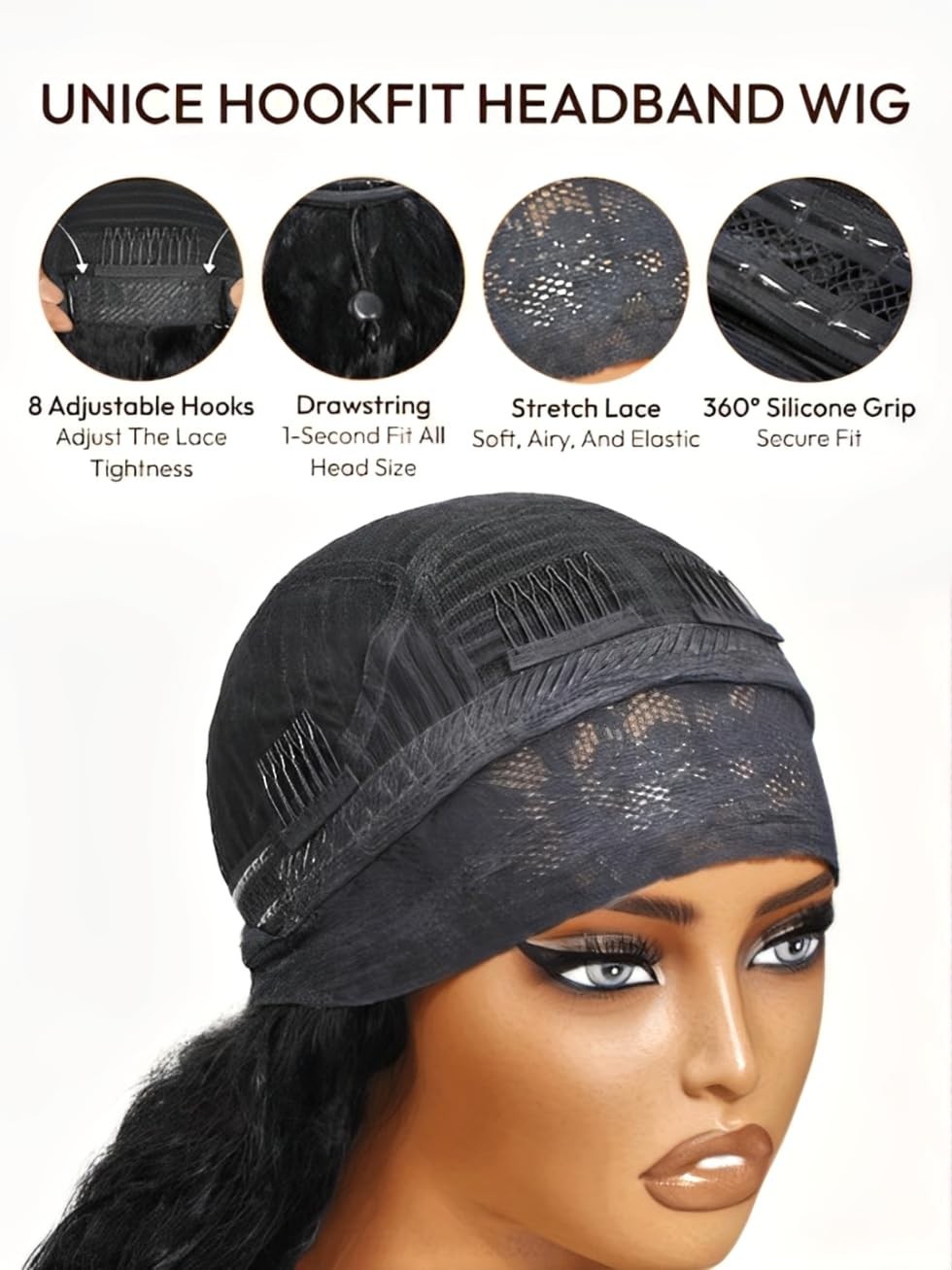 Water Wave Headband Wig – 18″ Human Hair, No-Slip Drawstring, 150% Density, Natu