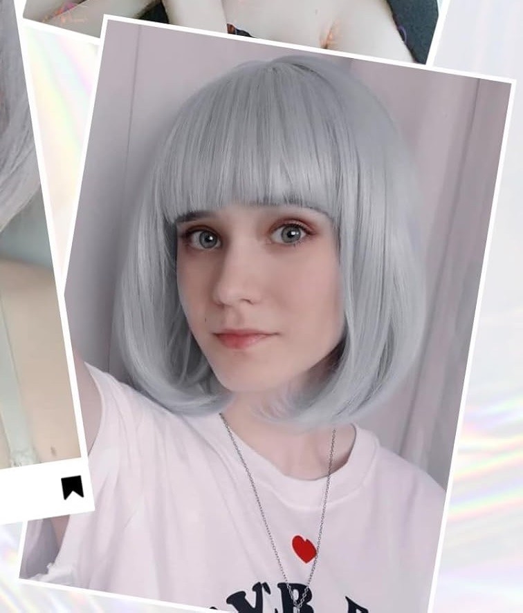 SW07 Gray Bob Wig Short 12″ women soft bangs easy to wear Colorful synthetic