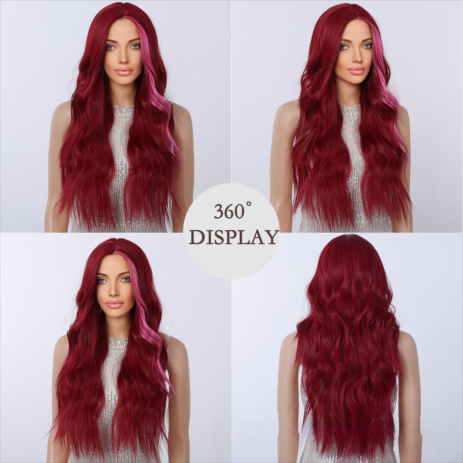26″ Wine Red Pink Highlight Wig Long Wavy Synthetic Hair Wig for Women Middle