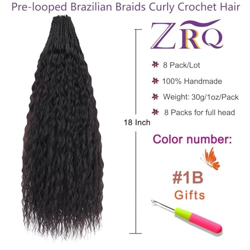 Pre looped Micro Brazilian Braids Curly Crochet Hair 18 Inch (Pack of 8) 1B#