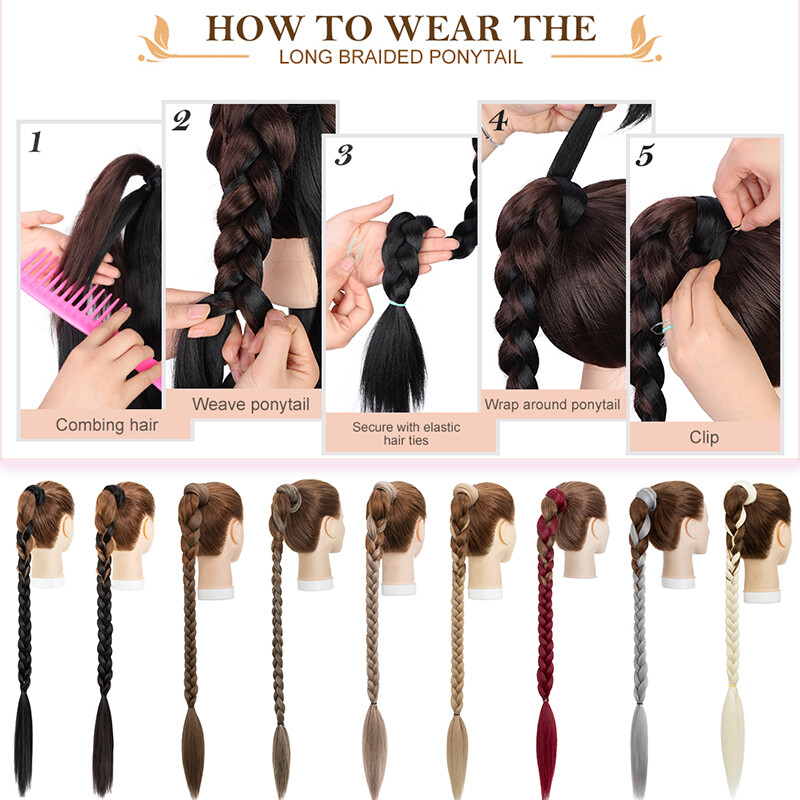 34″ Long Braided Ponytail Extension with Hair Tie Straight Wrap around Pony Tail