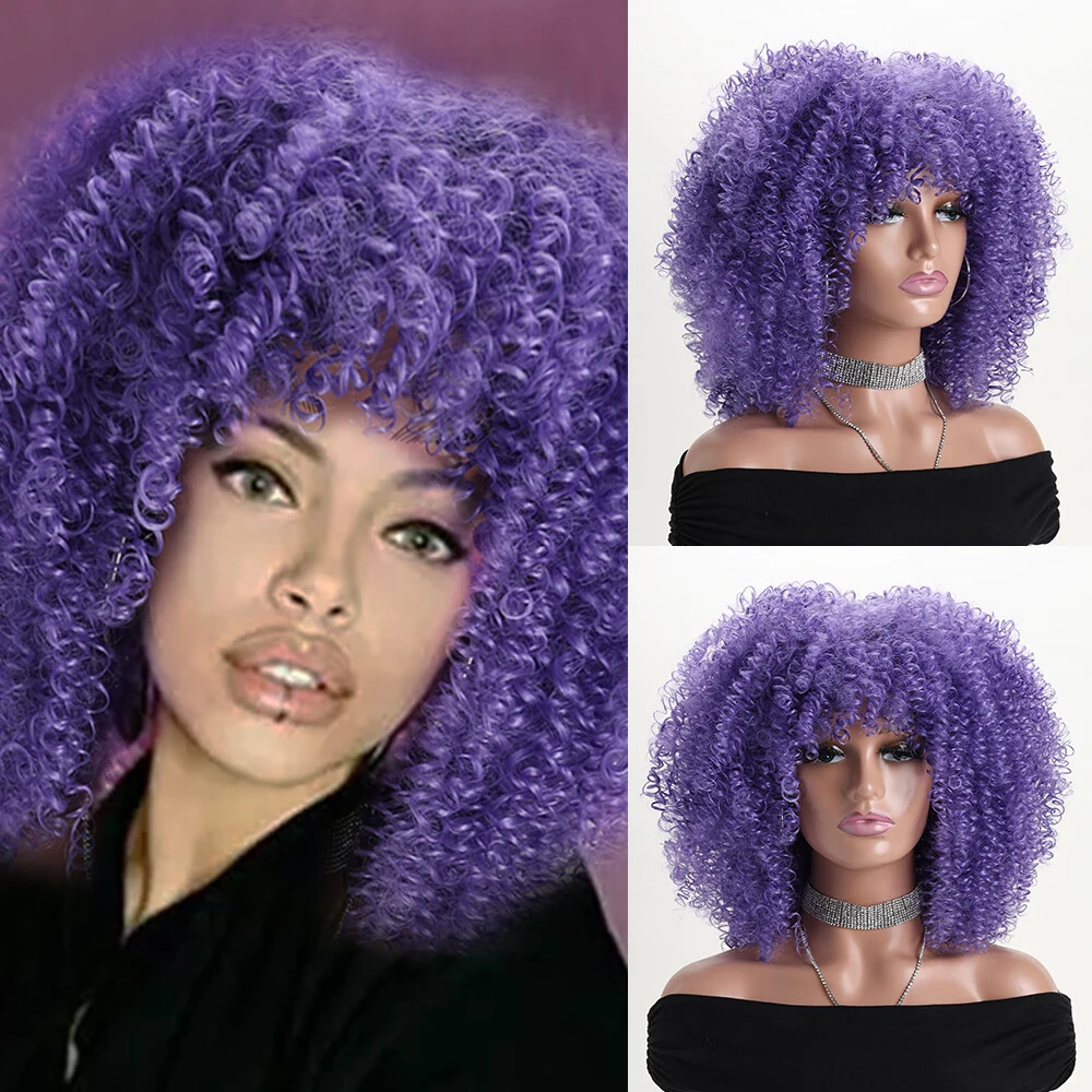 Afro Kinky Curly Wig 16 Inch Synthetic Hair with Bangs for Daily Wear