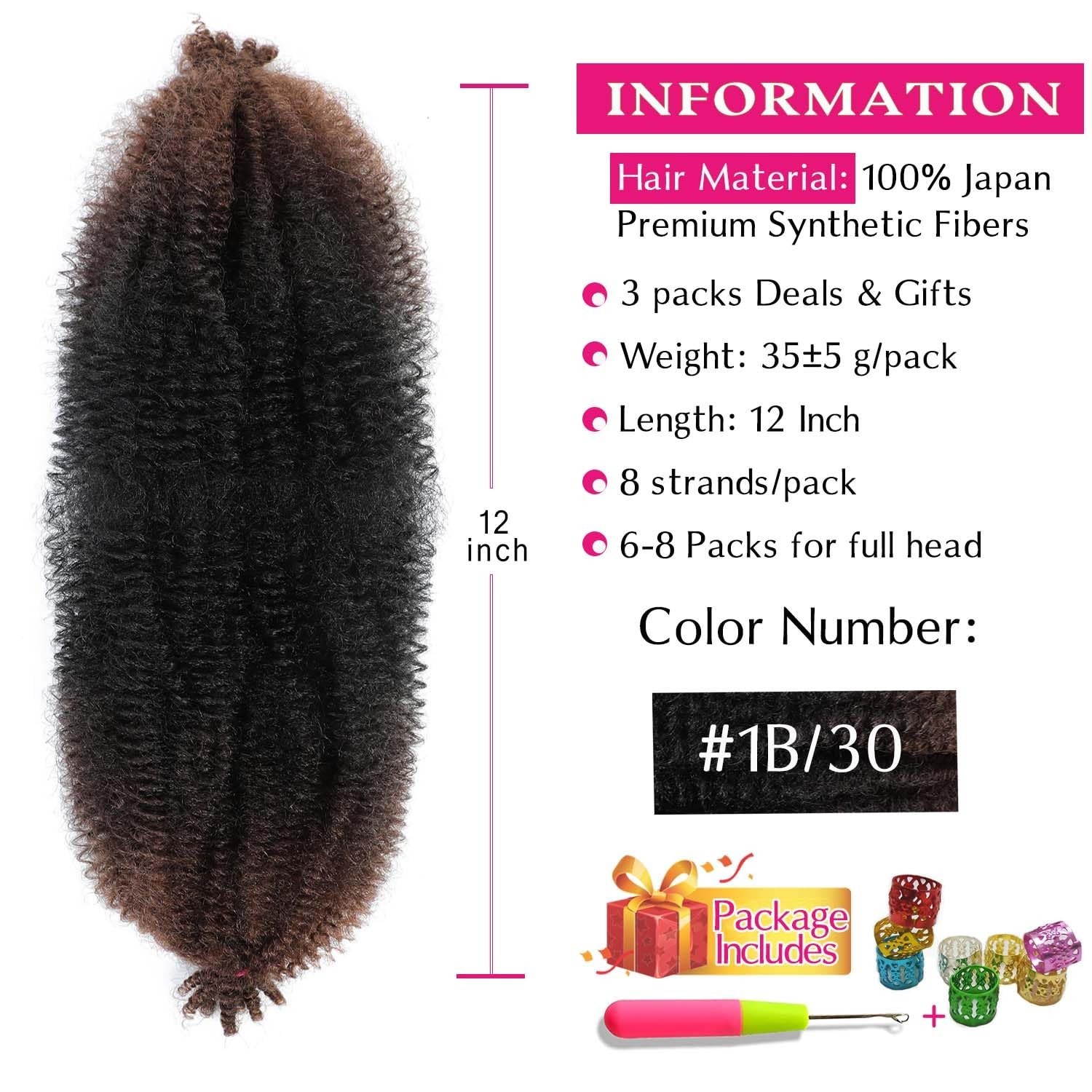 12″ Springy Afro Twist Hair Extensions – Pre Fluffed & Stretched, 3 Packs, Soft