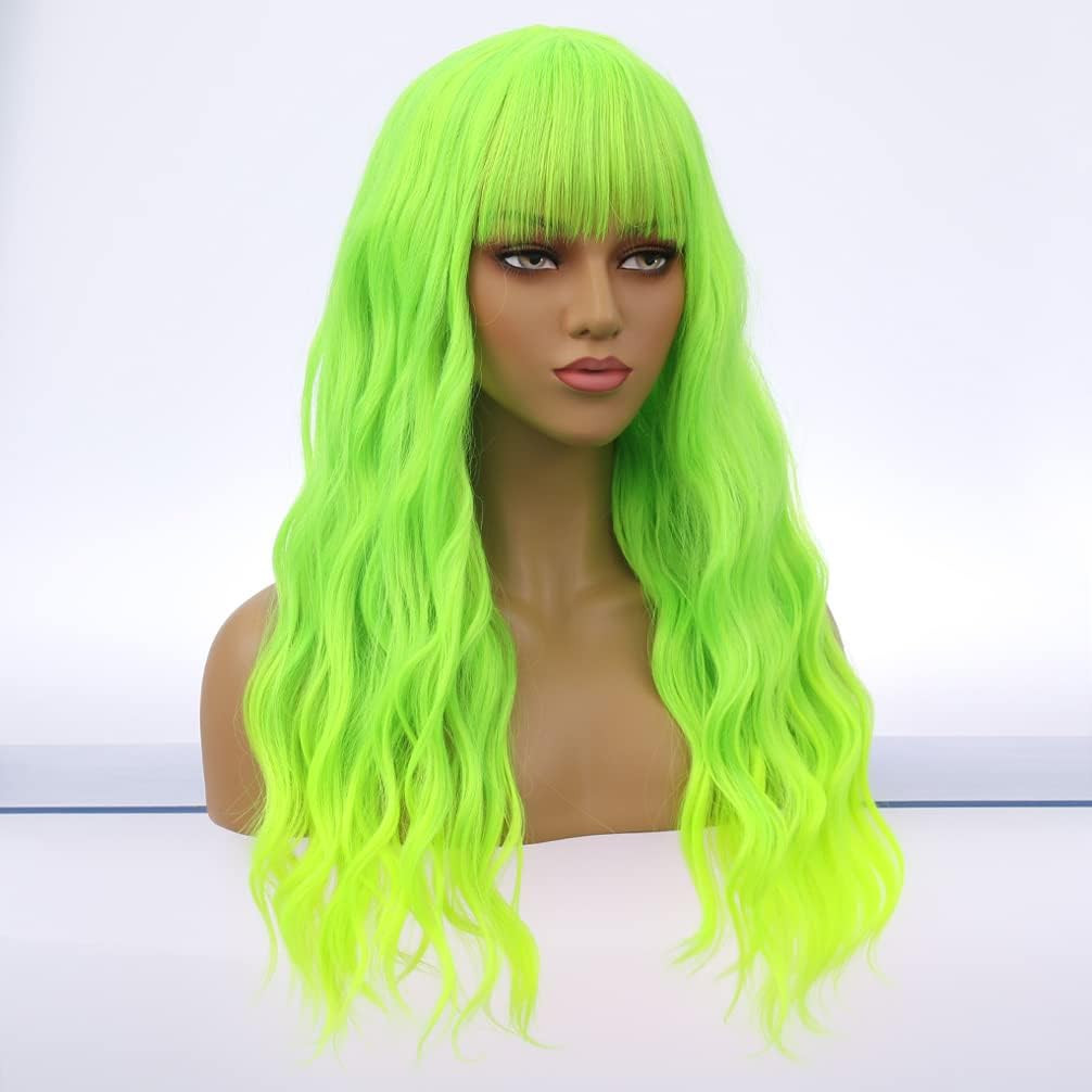 26 Inches Green Wig Long Curly Neon Green Wig with Bangs for Women Daily Party H