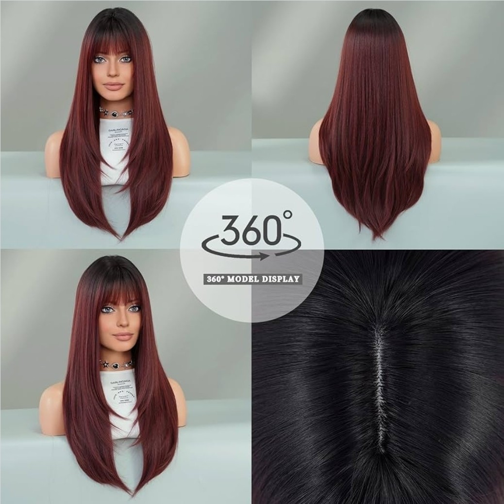 Wig – Human Hair Blend – Long Straight Layered Dark Auburn Red Ombre