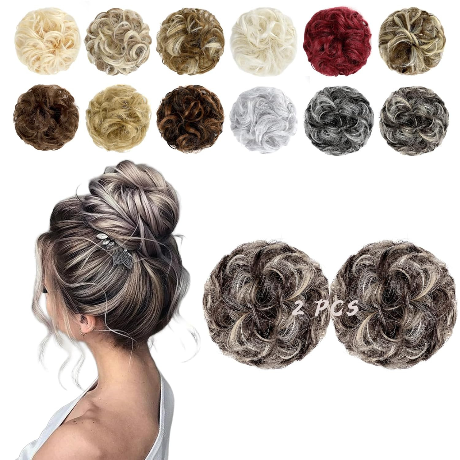 2 PCS Messy Bun Hair Piece Wavy Curly Scrunchies Synthetic Chignon Ponytail Hair