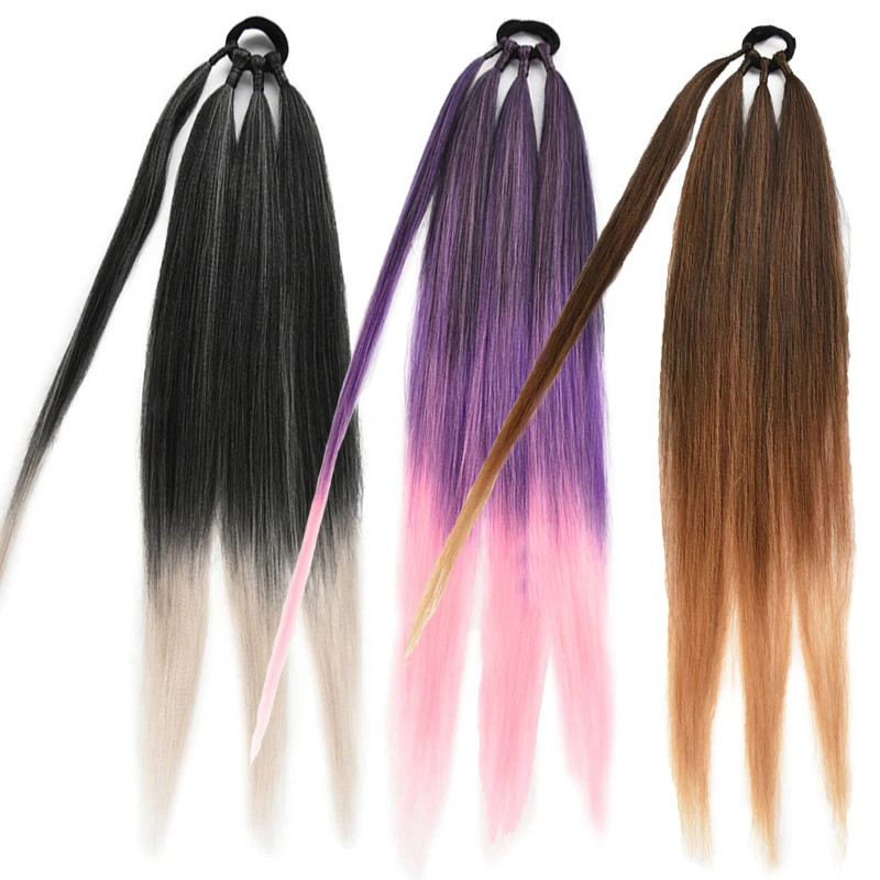 26 Inch Ombre Black Brown Grey Synthetic Boxing Braids Ponytail Extensions Wrap