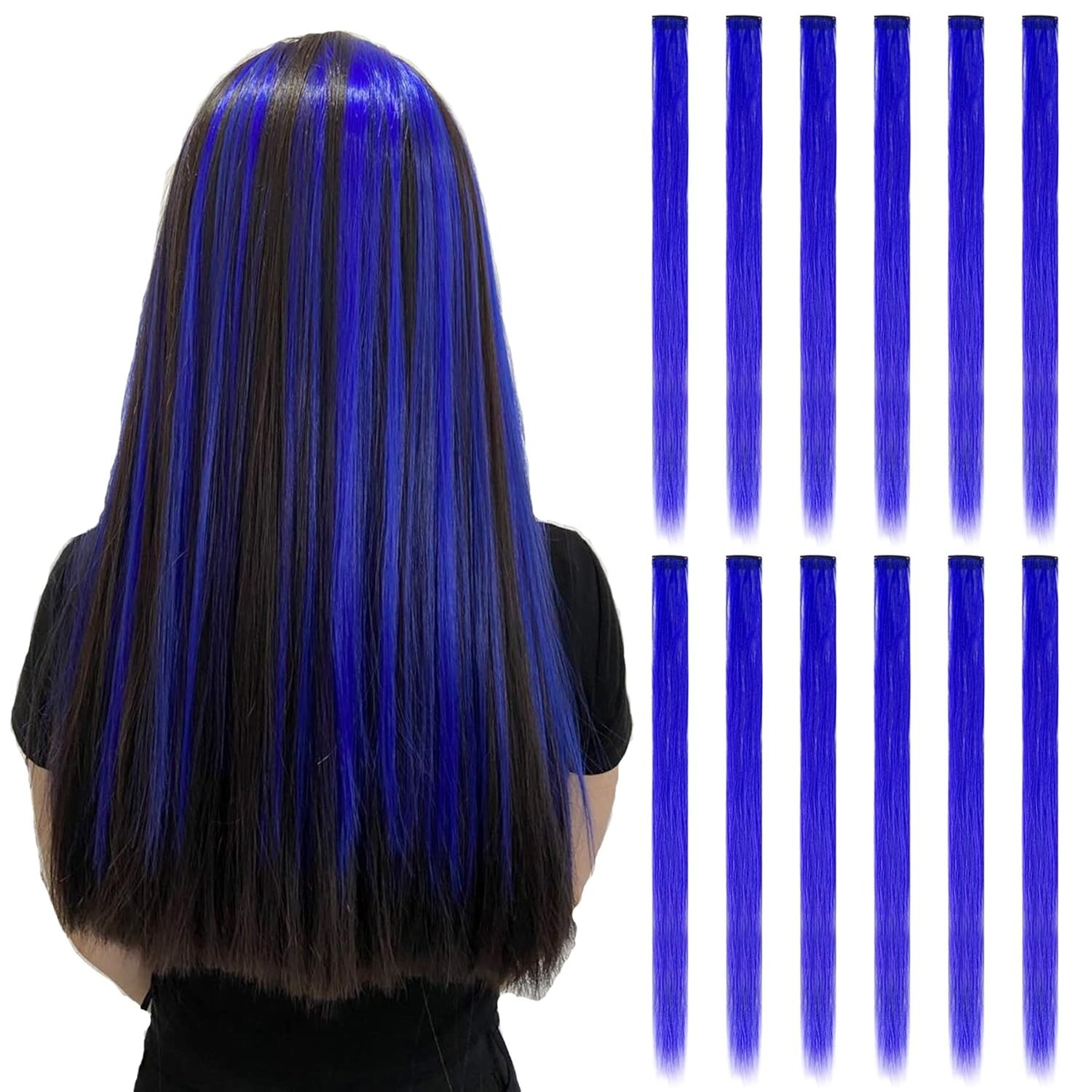 12PCS Colored Blue Hair Extensions Clip in Colorful Hair Extensions 20 Inch Rain