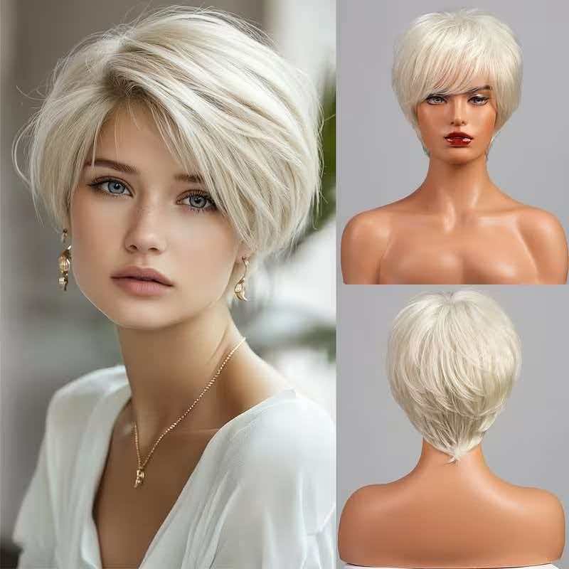 10in Women Platinum Blonde Wig Short Straight Heat Resistant Synthetic Cosplay