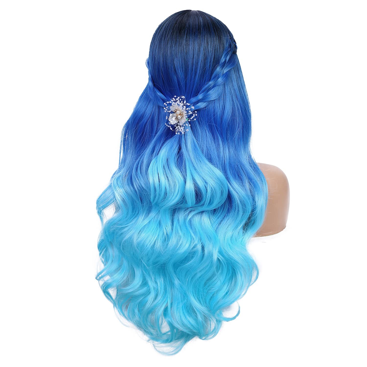 Long Blue Wavy Wigs for Women Ombre Blue Body Wave Mermaid Hair Wigs Long Cur…