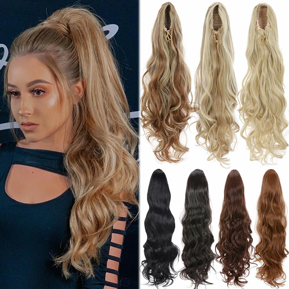 US Real Thick 24″ Ponytail Drawstring Clip In Hair Extensions Long As Human Hair