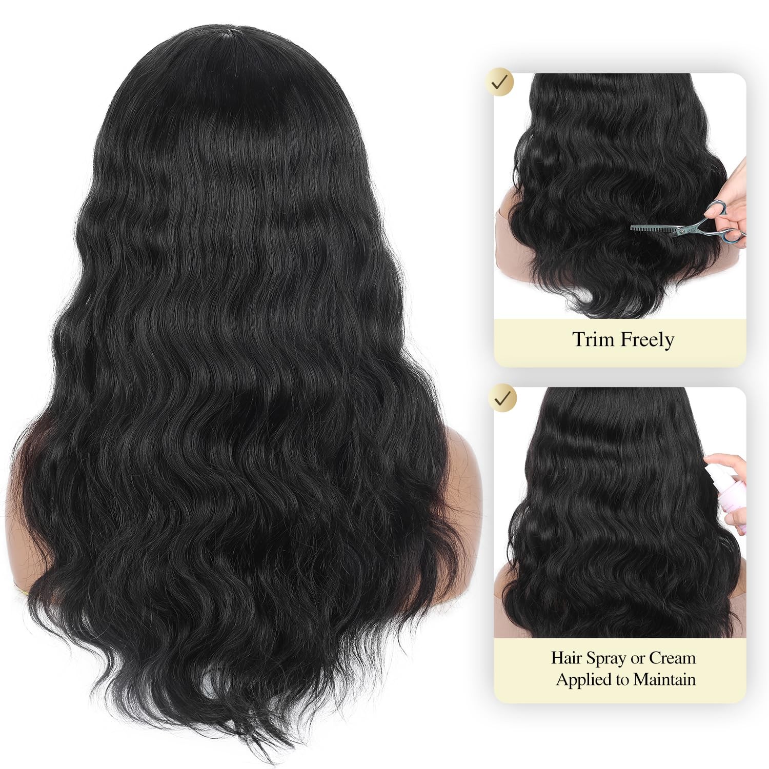 Wiger Natural Wave Human Hair Wigs Bangs Upgraded Real Hairline Black Loose