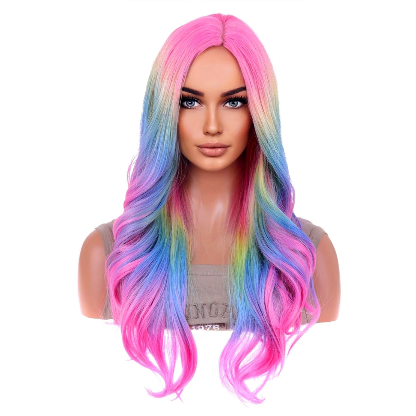 BERON Rainbow Ombre Wigs Long Wavy Wig for Women Colorful 22.5 Inch,