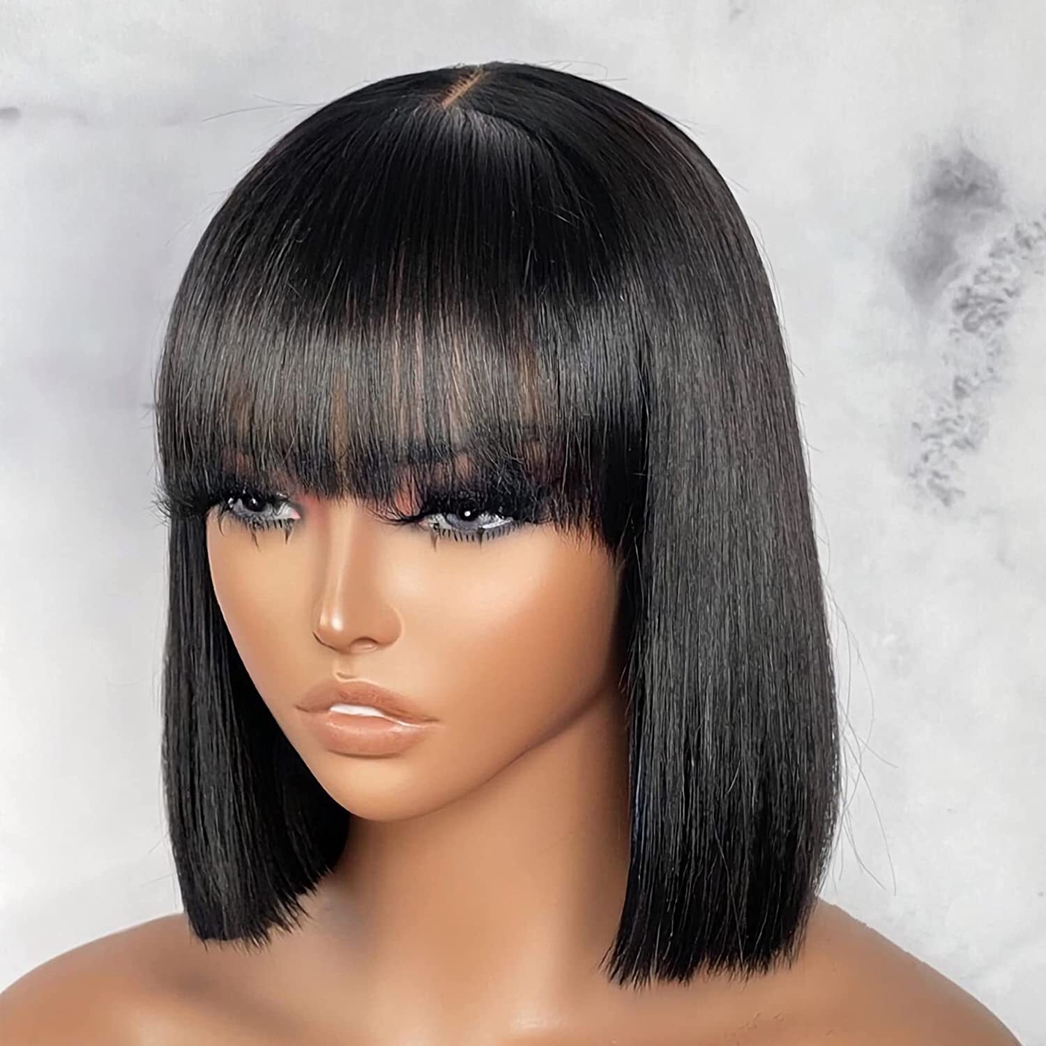 Short Black Bob Wig with Bangs Human Hair Straight Bang Bob Wig 2×1 Lace Scalp