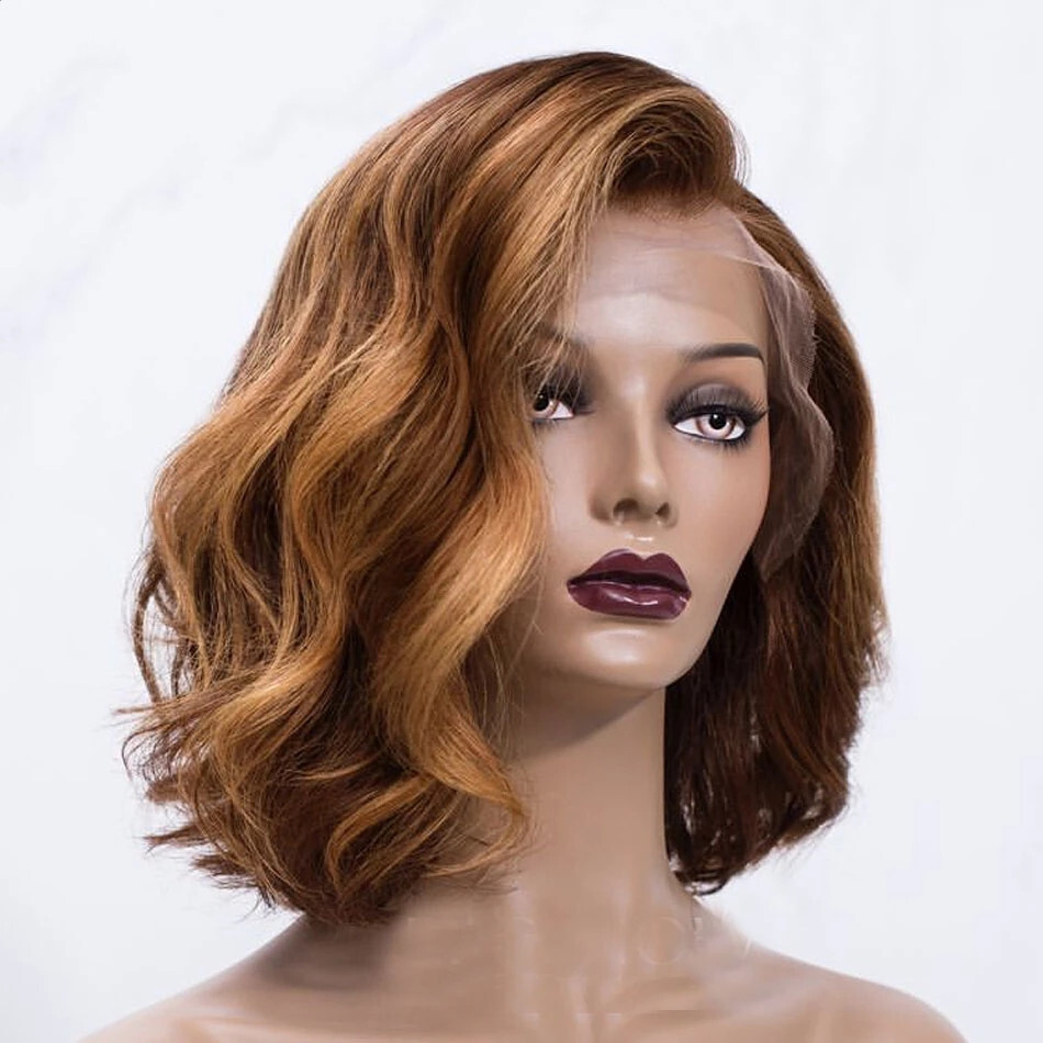 4×4 Lace Front Human Hair Wig Golden Brown Highlight Wigs Natural