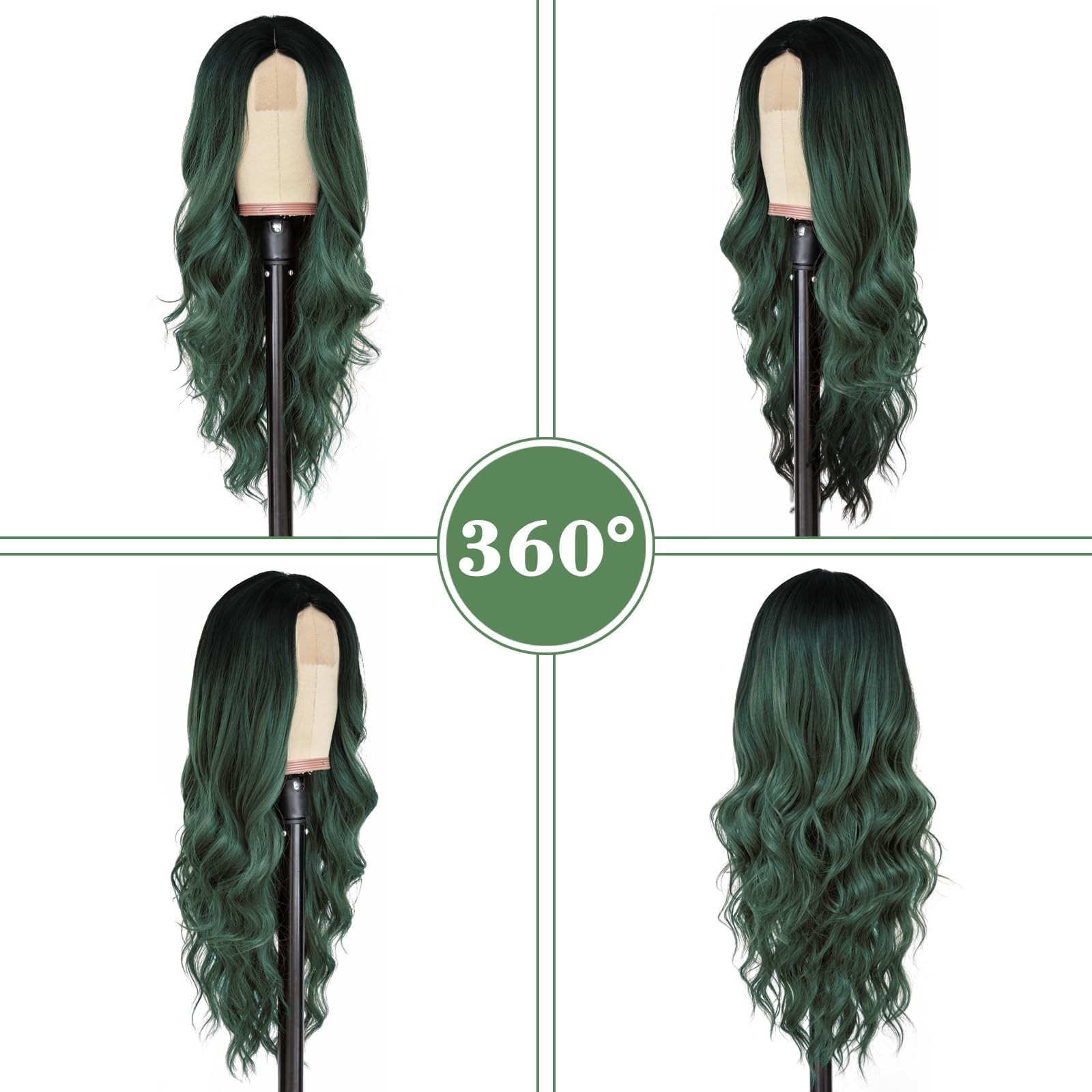 Long Ombre Green Wavy Wig for Women 26 Inch Middle Part Curly Wavy Wig Natura…