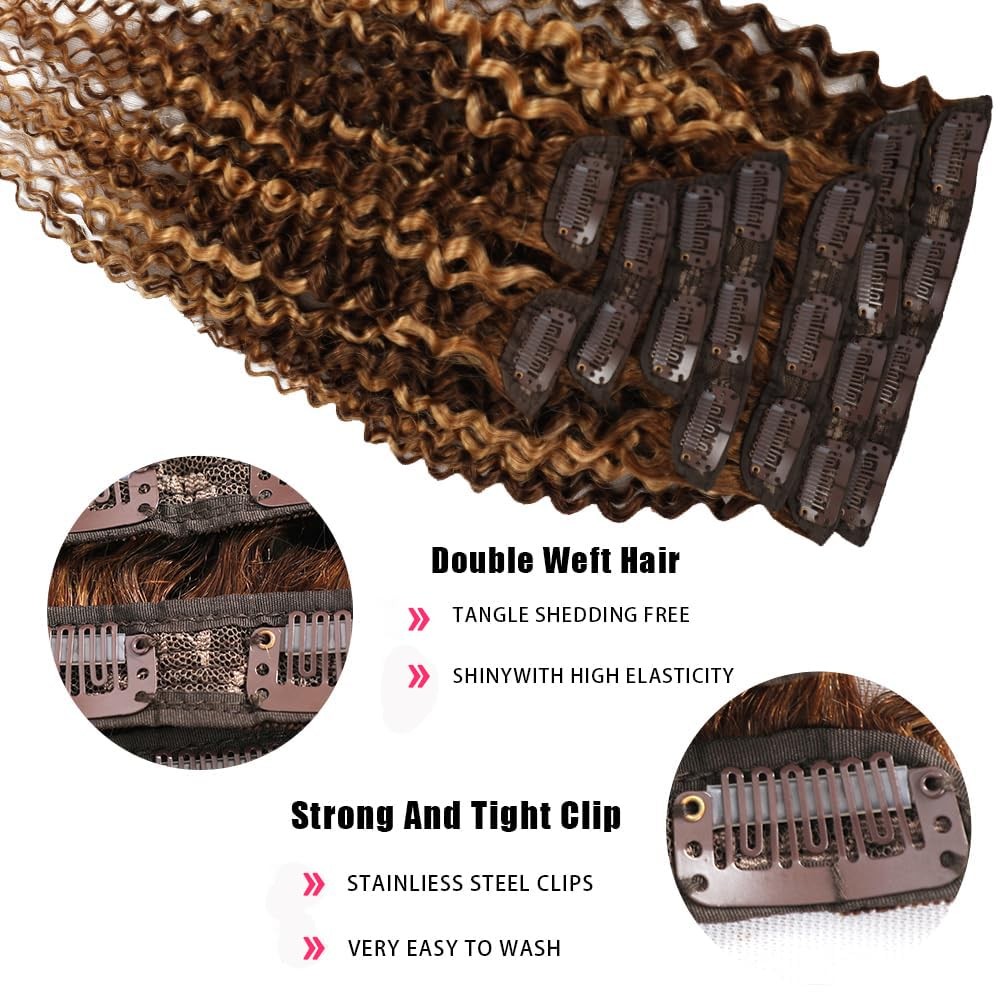 Sunkasa 24 Inch Highlight P4/27 Kinky Curly Clip Ins Human Hair 110G 8Pcs 20