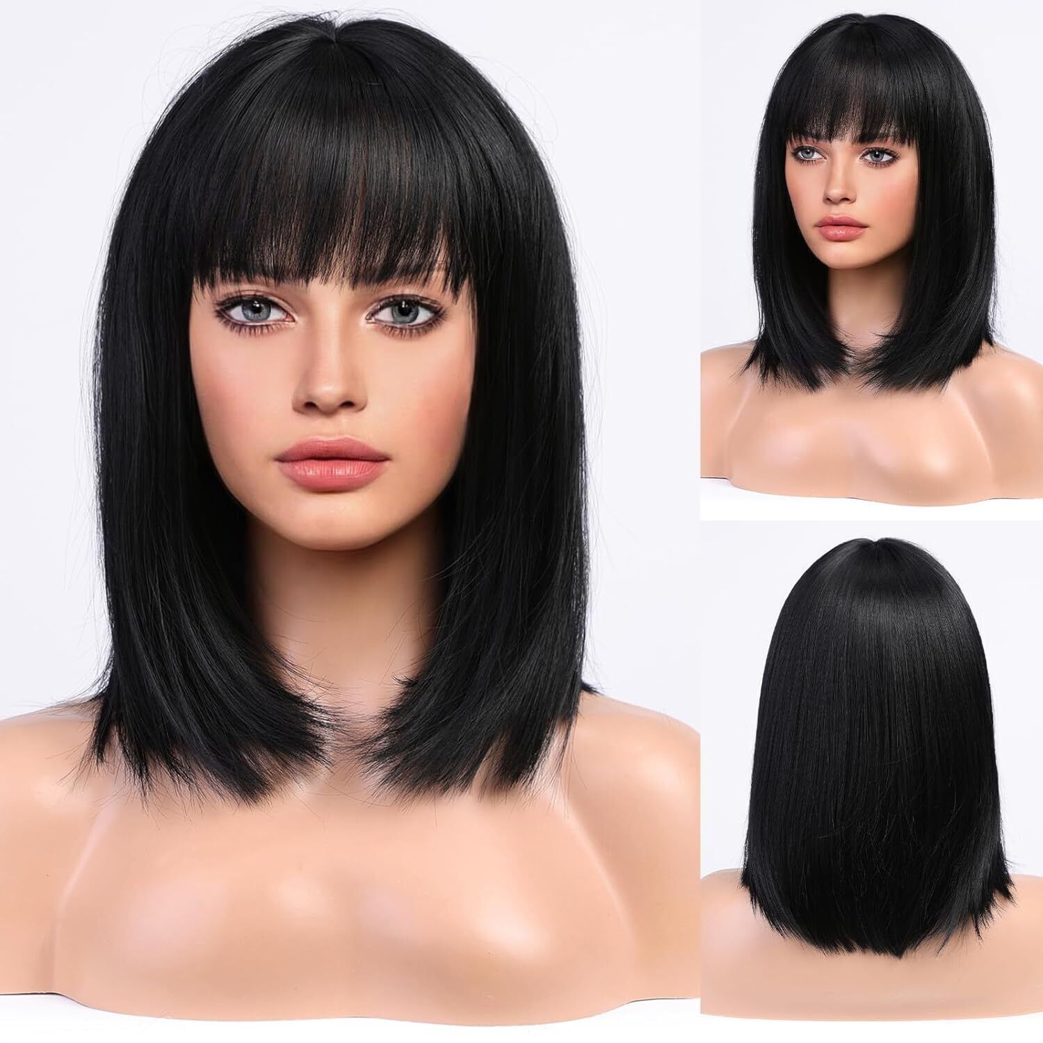 Women’s Black Bob Wig Short Straight Synthetic Fiber Hair Full Bangs Cosplay Wig