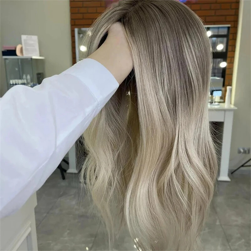 12 Inch Ash Brown Highlight Short Bob Wavy Lace Front Human Hair Wigs Dark Roots