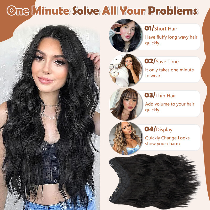 US V-Shape One Piece Clip In Hair Extensions Real As Human 3/4 Full Head Thick