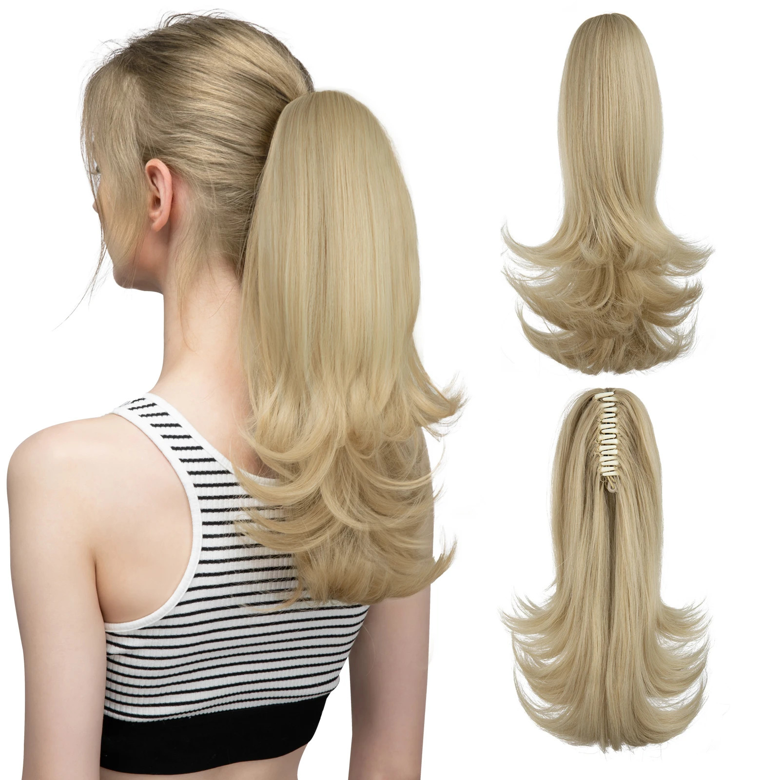 14 Inch Synthetic Claw Clip Ponytail Extensions Wavy Blonde Black Hair
