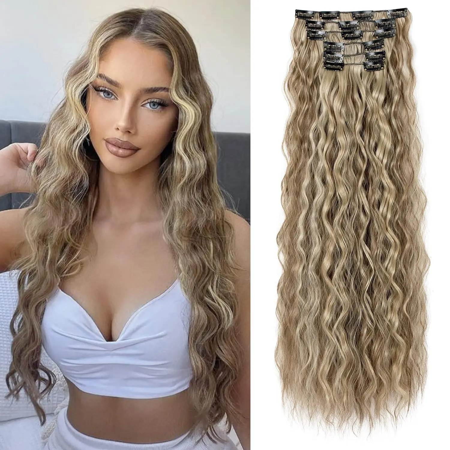 16 Clip In Hair Extensions 22 Inch Water Wave Synthetic Hair For Women