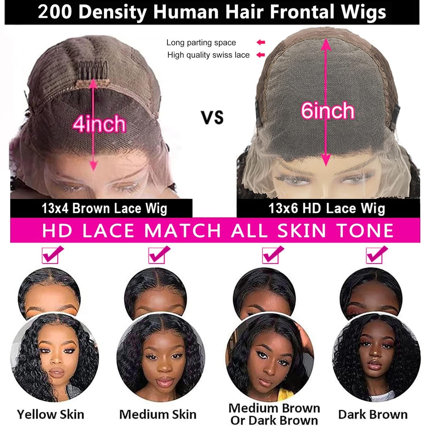 34″ 13×6 Lace Front Human Hair Wig, 200 Density Water Wave, Pre-Plucked Curly fo
