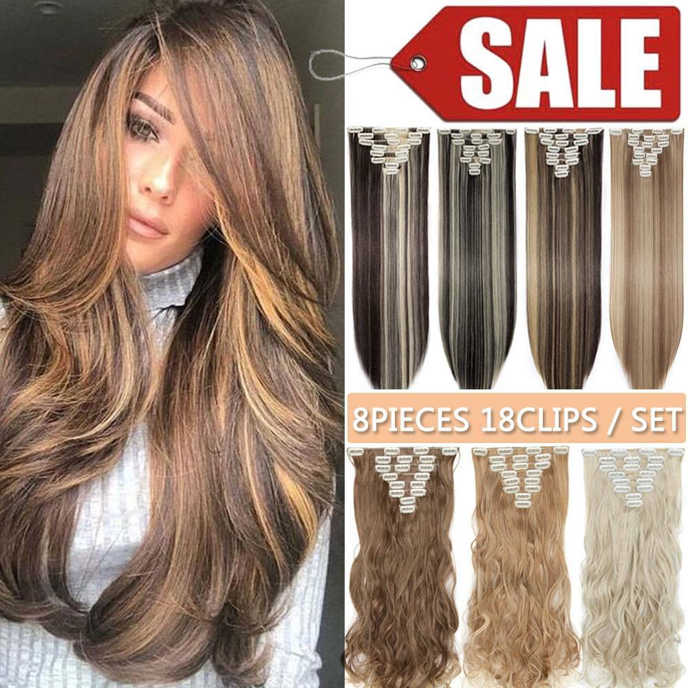 Ombre New 8Pcs Natural Soft Clip In Hair Extensions Full Head Long as Human USA1