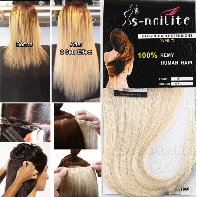 USPS Soft Remy Human Hair Clip in Real Human Hair Extensions Full Head Highlight