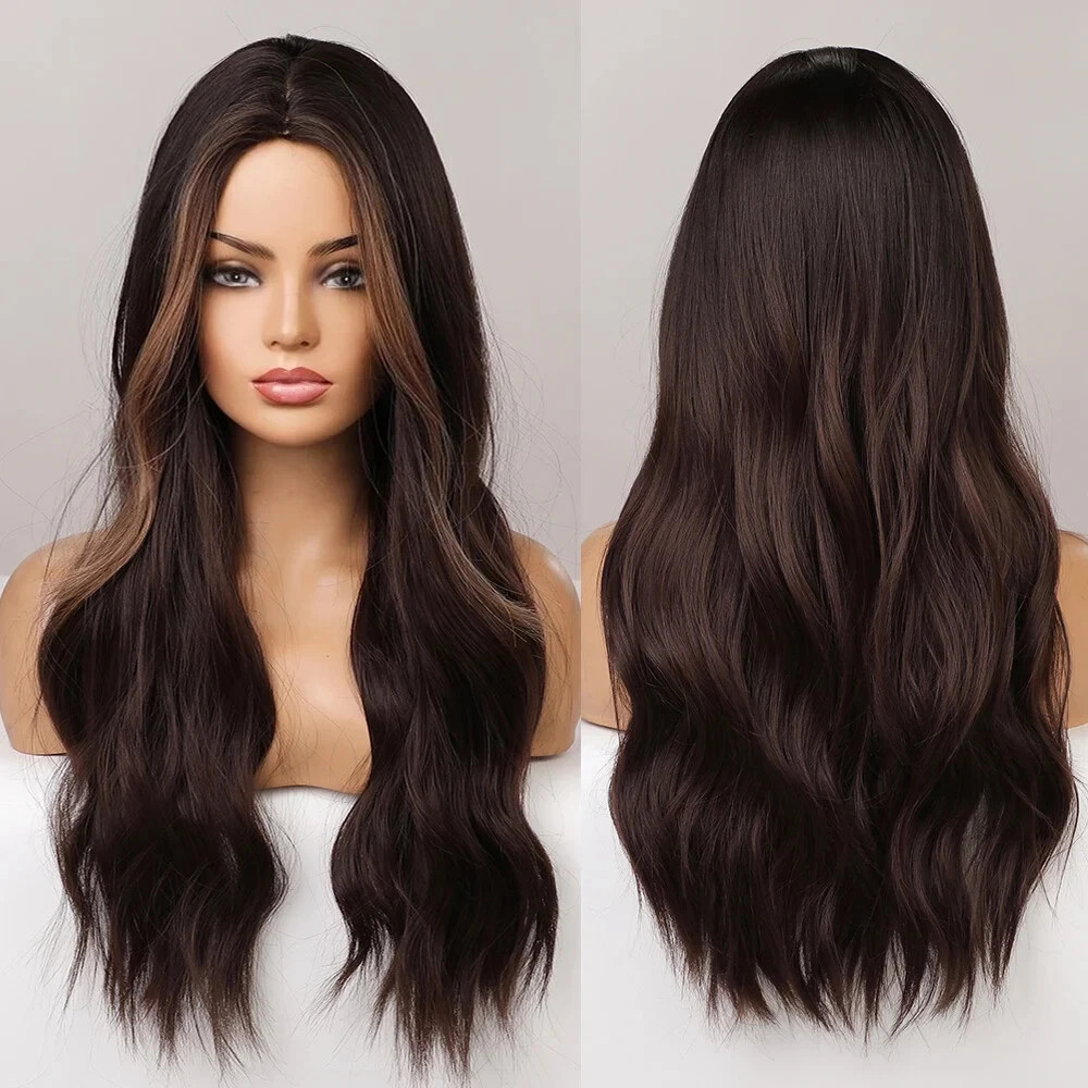 Wavy Ombre Blonde Brown Synthetic Wig /Bangs, Heat Resistant, Daily Wear, 26Inch
