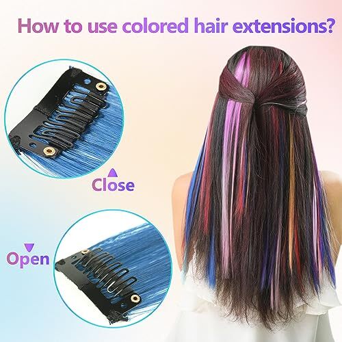 22 Pcs Colored Hair Extensions, Multi-colors Party Highlights Clip Colorful set