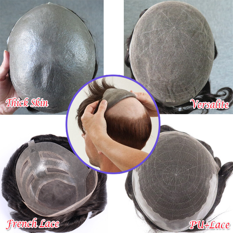 Toupee Men Hair System Full Poly Skin PU Human Hair Replacement Hairpiece Wig US