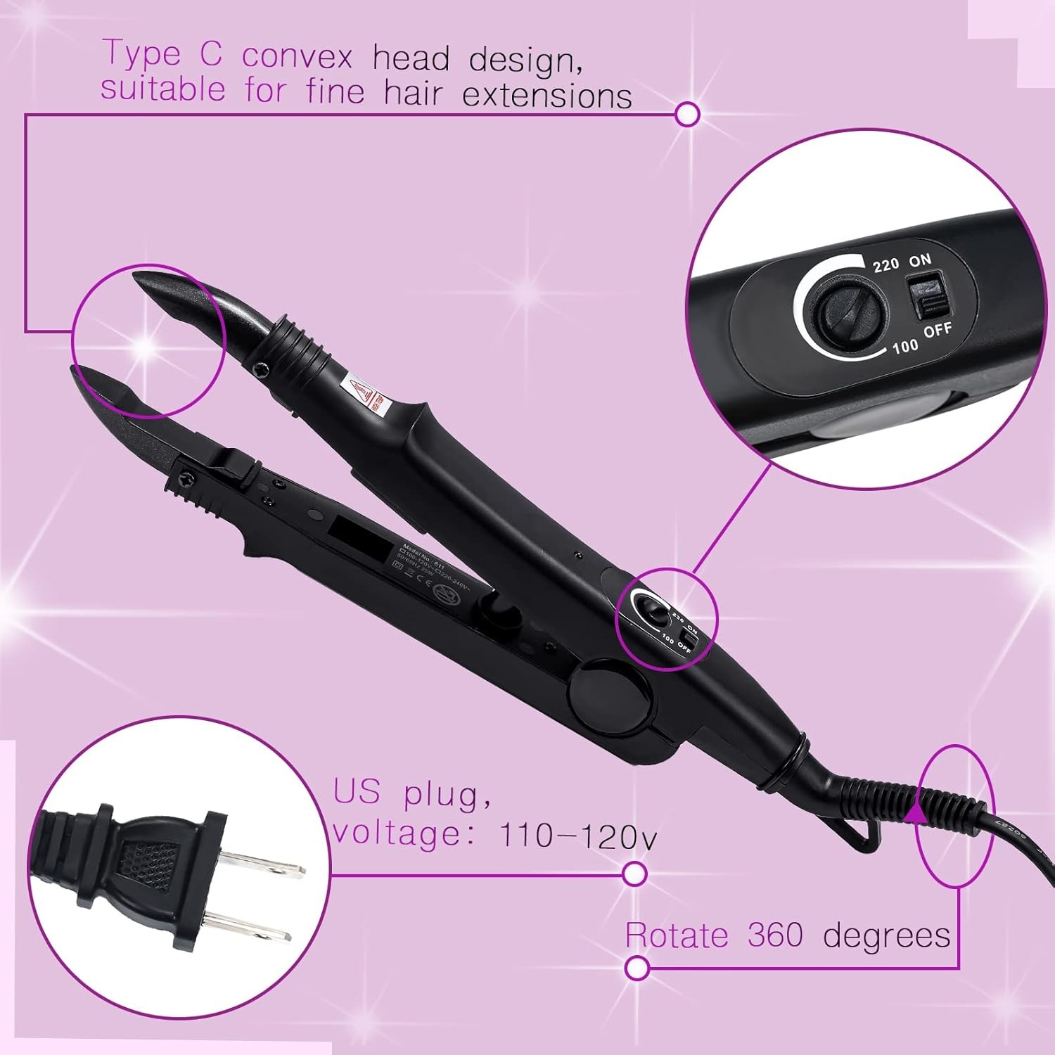 Hair Extensions Tool C Head U Tip Iron Connector Wand with 2 Bags Keratin Glue G