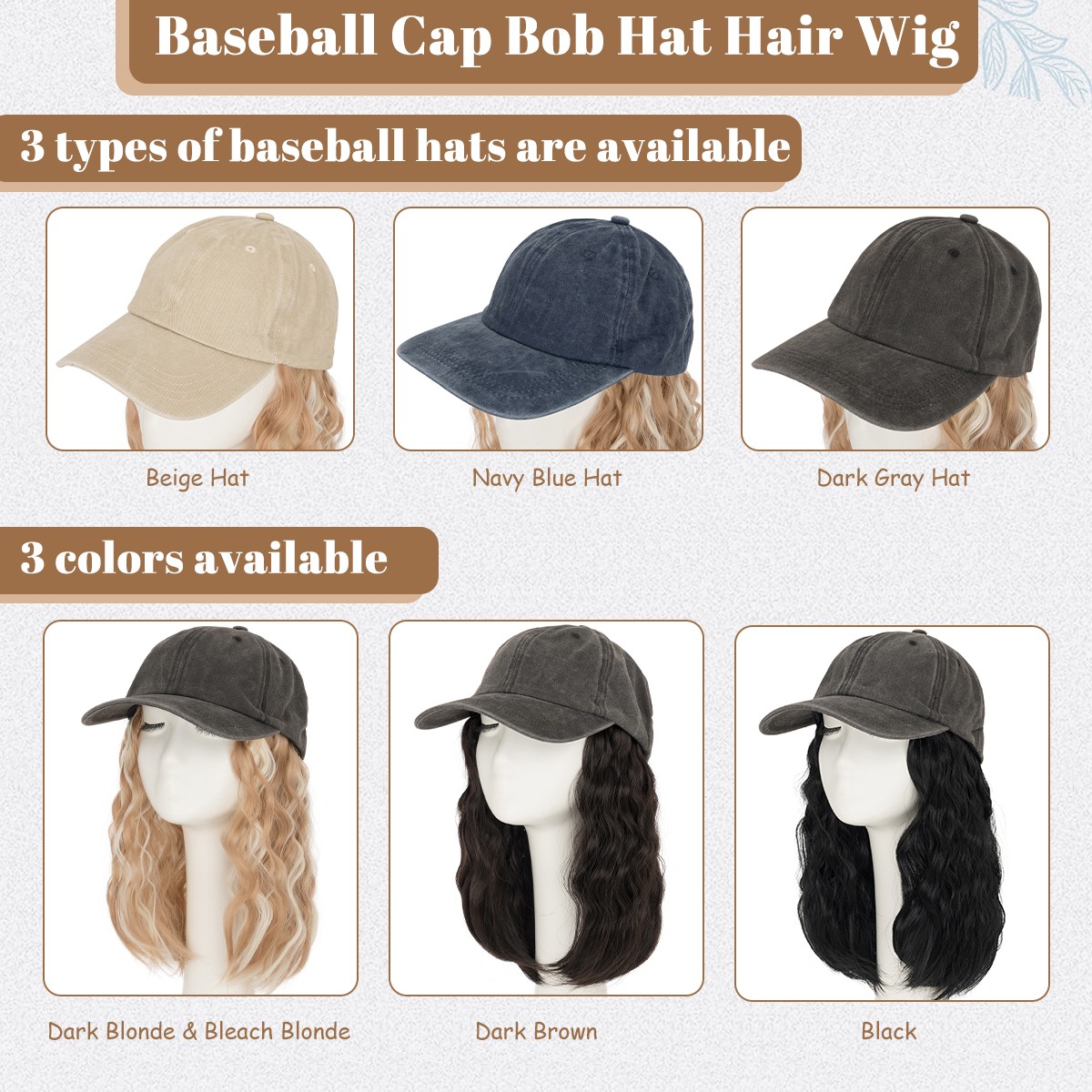 Baseball Cap Hat Hair Wig with 8″ Synthetic Wavy Curly Hair Adjustable Cap Wig
