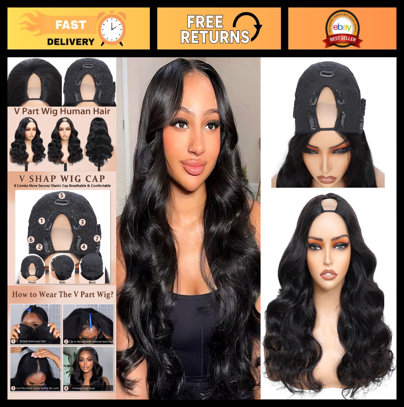 26 Inch Body Wave V Part Human Hair Wig – 200% Density, Adjustable Drawstring, N