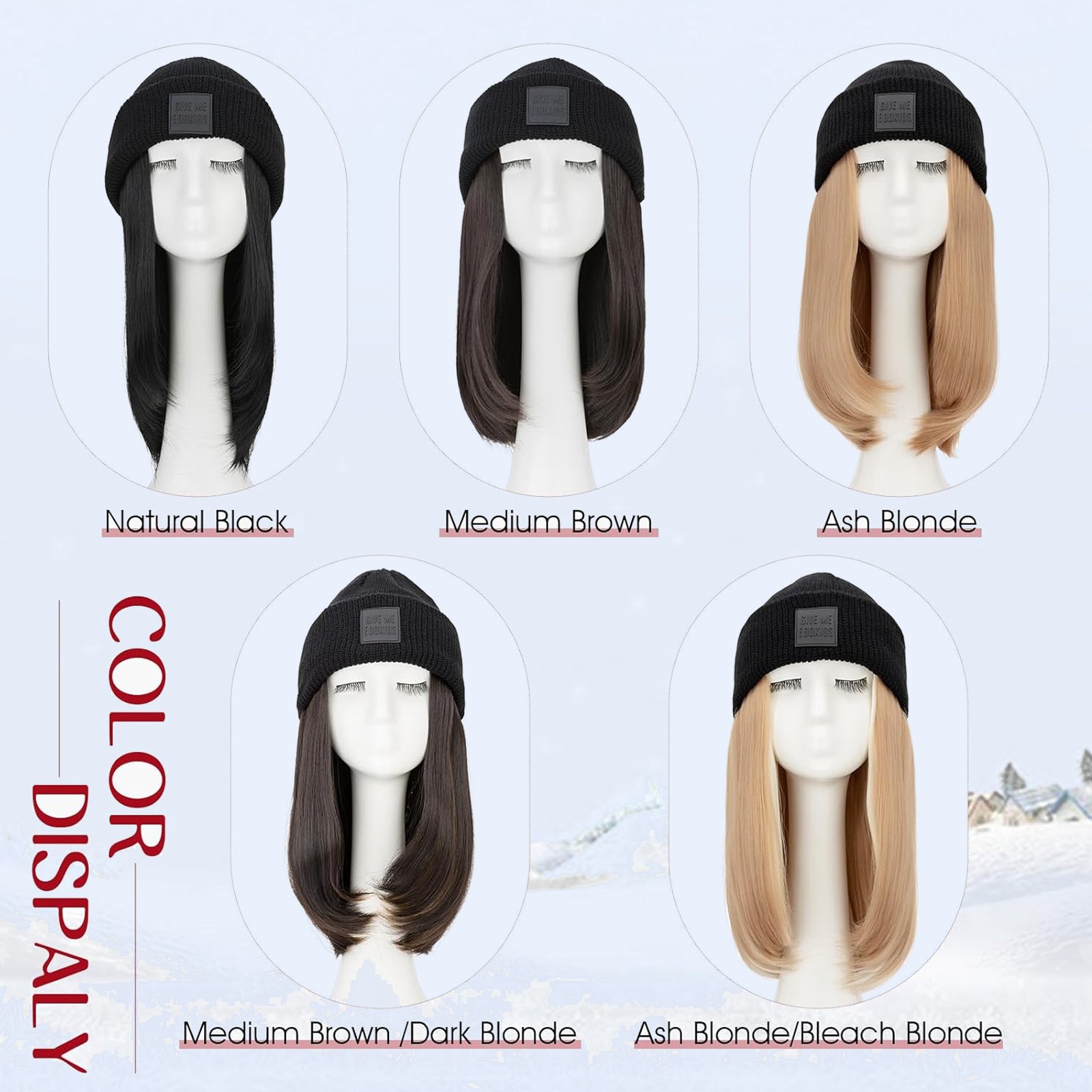 Winter Warm Knit Beanie Hat with Long Wavy Straight Synthetic Hair Wig for Woman